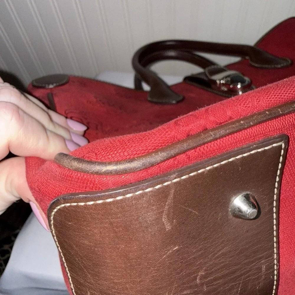 DOONEY & BOURKE Red Canvas & Brown Leather DB Signature Tote Satchel Bag Purse